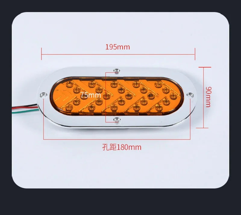 LED tail light assembly with dimensions showing 195mm length and 90mm height