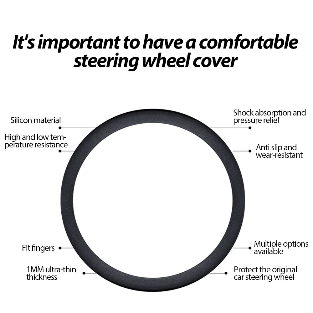 A black silicone steering wheel cover designed for shock absorption, pressure relief, and anti-slip grip.