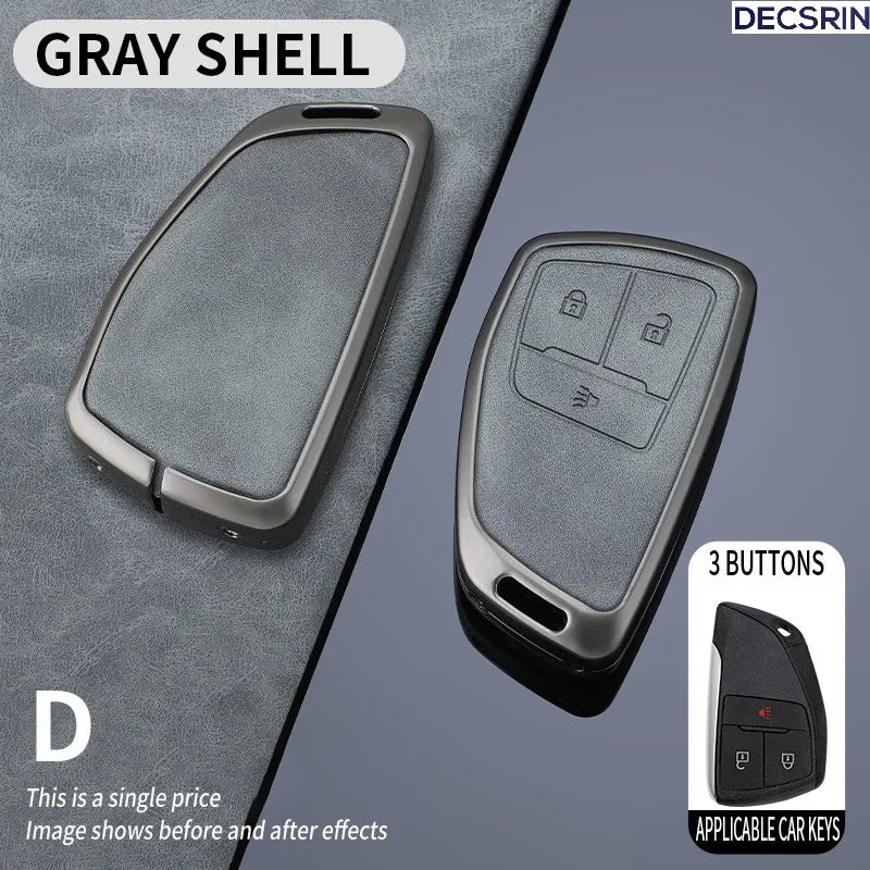 A gray shell multi-button car key case cover shown in different angles.