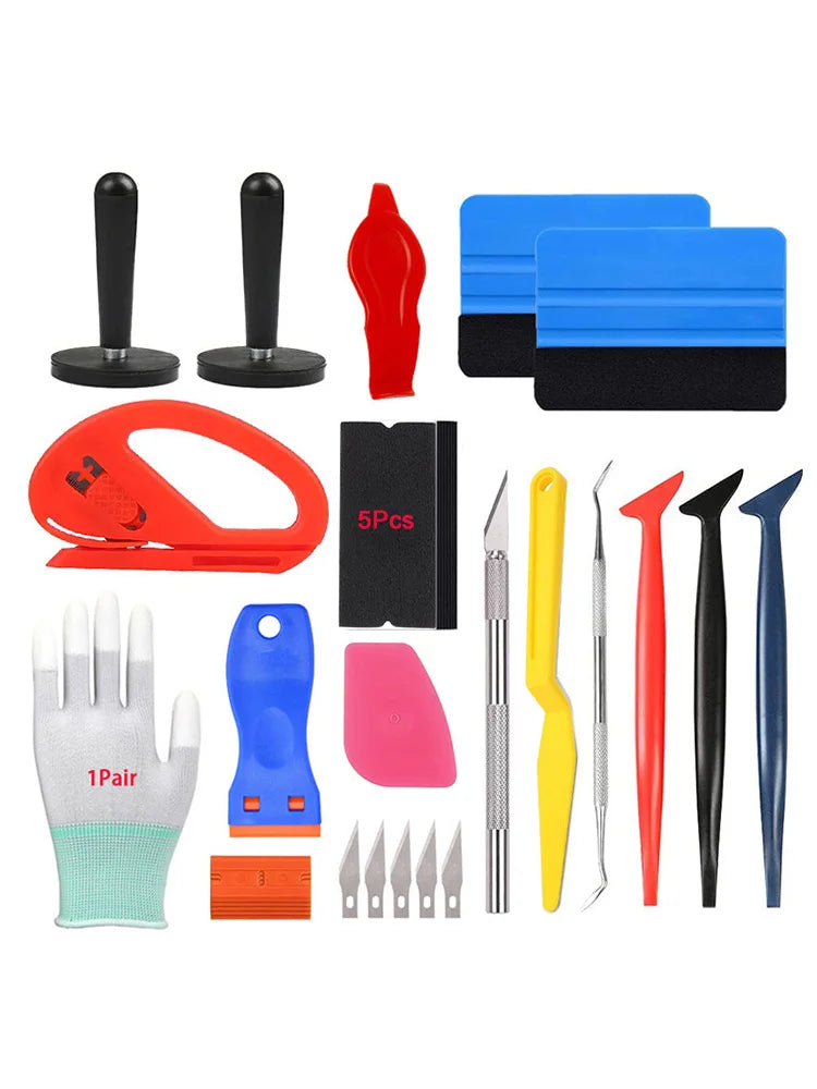 A set of tools for car vinyl wrap and window tint installation including various blades, tools, and a glove.