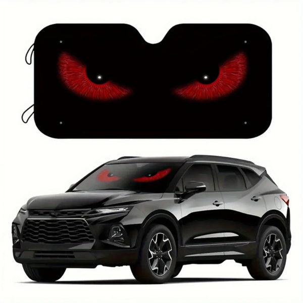 A black SUV with a foldable windshield sun shade installed, featuring a close-up of red eyes.