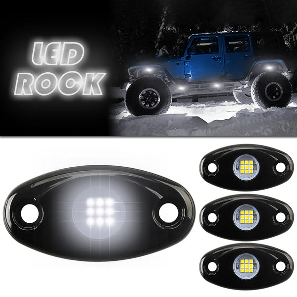 A set of nine LED rock lights designed for underbody vehicle illumination.