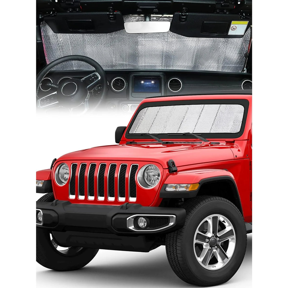 A red Jeep Wrangler with a foldable windshield sunshade installed on the front windshield.
