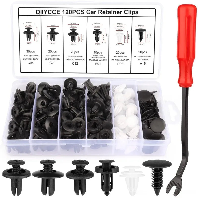 A set of 120 pieces of car retainer clips and fasteners in various sizes and types for automotive use.