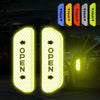 A set of yellow and blue reflective decals showing open doors on a car, with warning lights visible.