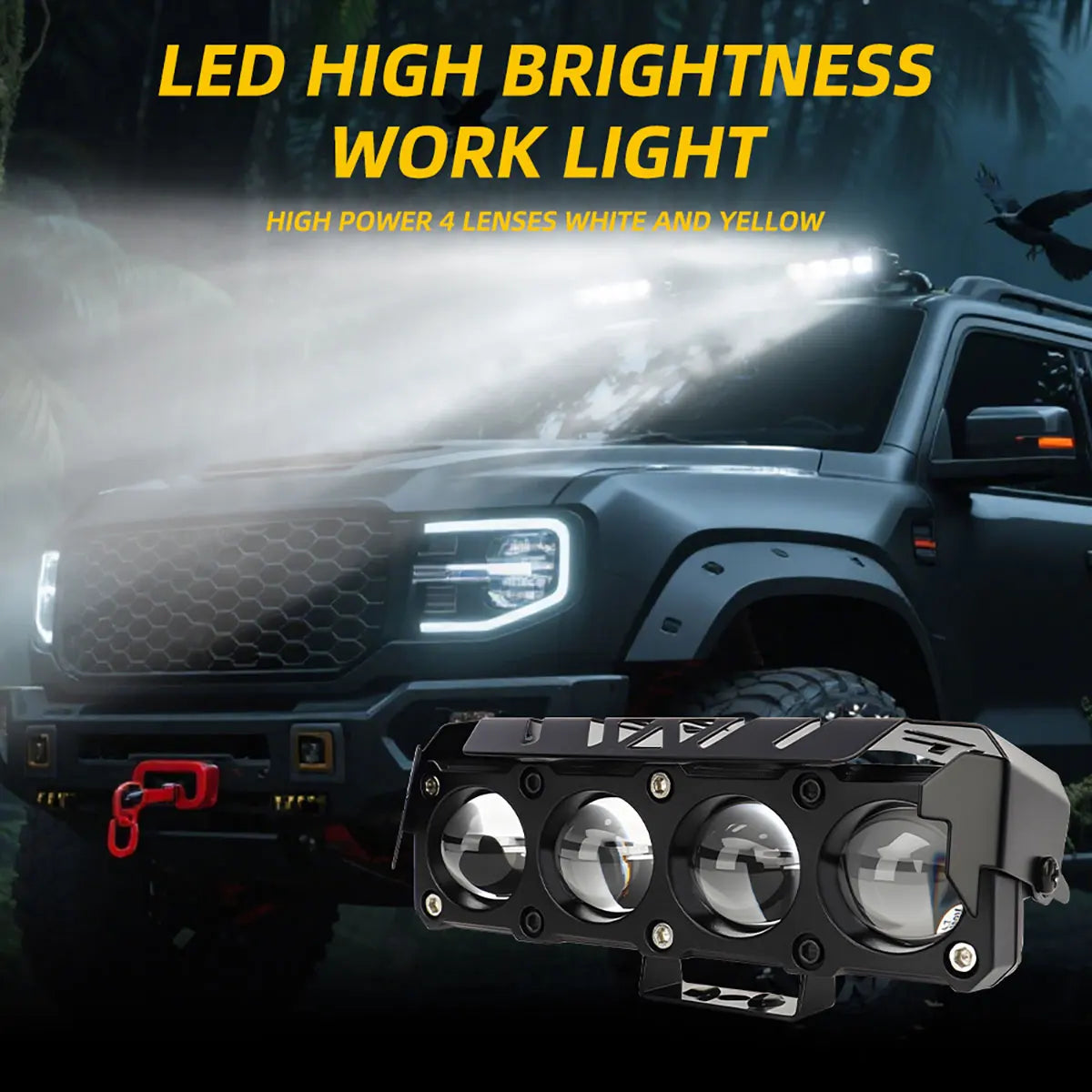A close-up of a high-power LED spotlight headlight mounted on an off-road vehicle.