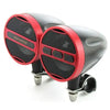 A pair of black and red motorcycle Bluetooth speaker systems with FM radio and USB functionality.