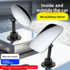 An Hd auxiliary mirror with multi-axis rotation and multiple installations shown for inside and outside the car.