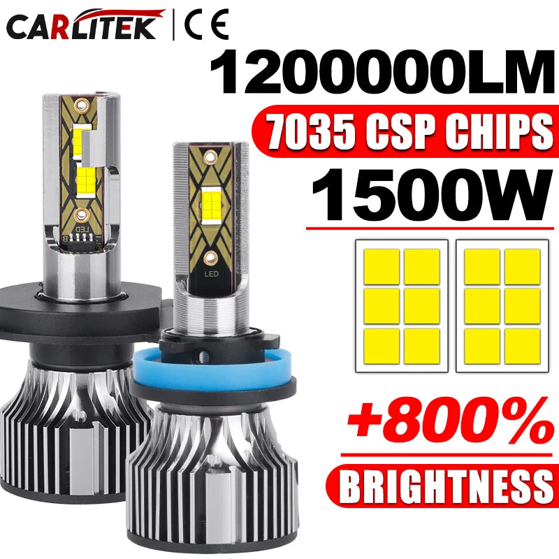 A set of high-power 1200000LM 7035 CSP LED car headlight bulbs with a black and silver housing.