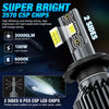 A close-up view of a super bright 3570 CSP LED chip headlight bulb kit with two sides and six pieces.