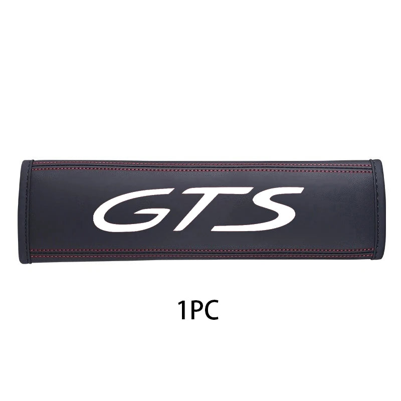 Black genuine leather seat belt protector cover with white GTS logo