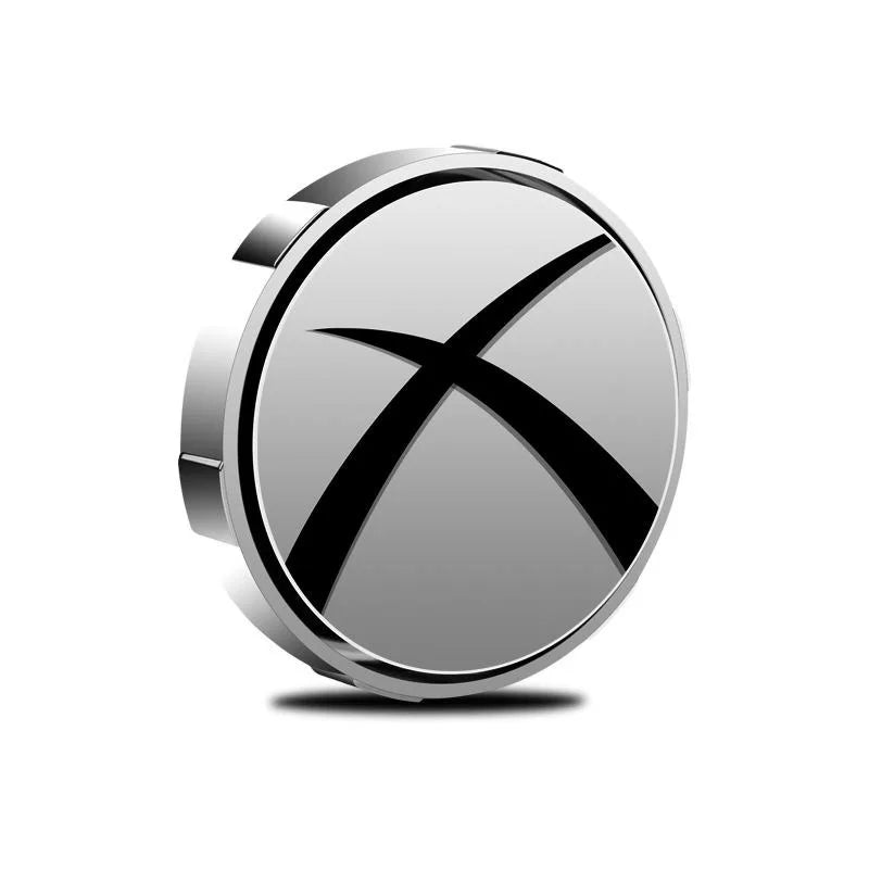 A round, silver blind spot mirror with a black cross design.