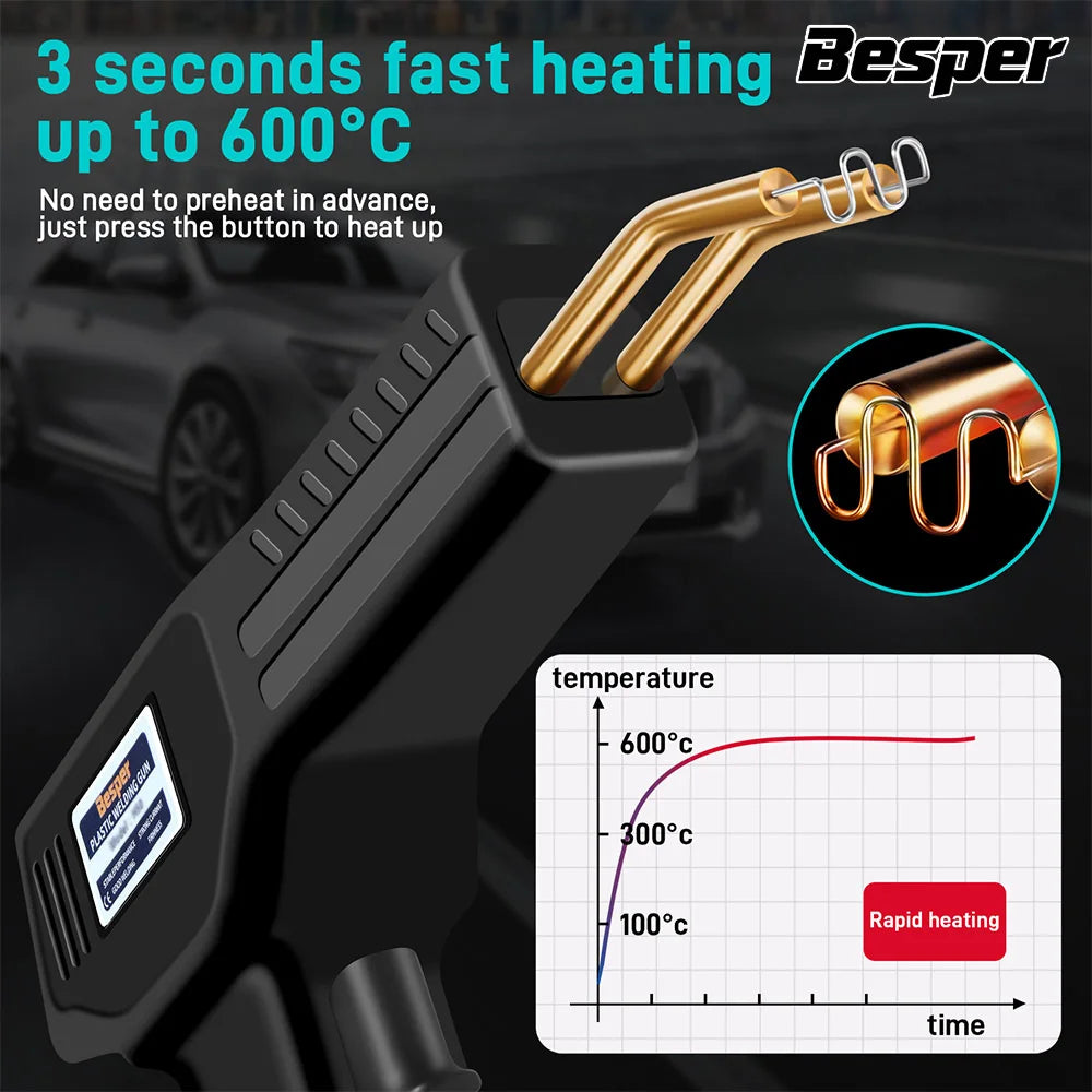 A heavy duty plastic repair welder kit with a gold-colored heating tool demonstrating rapid heating capabilities.