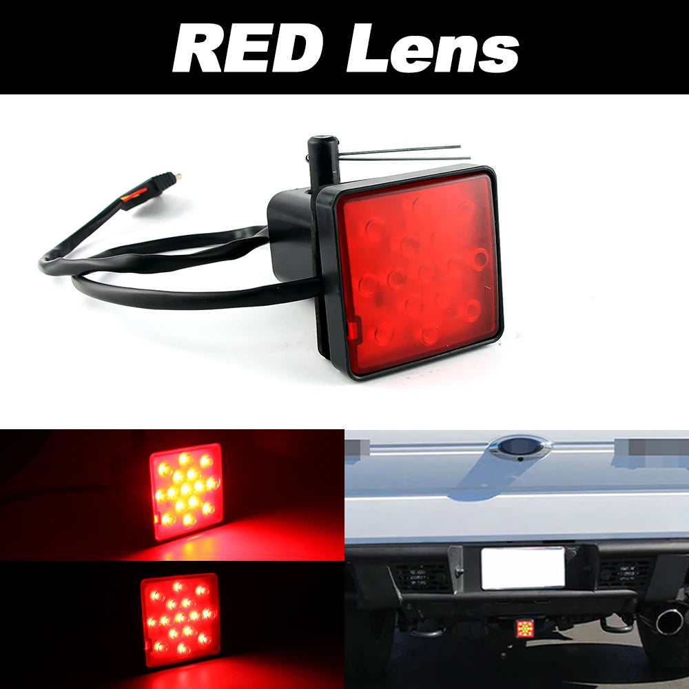 A red LED lens light cover is shown in various views, including a standalone unit and mounted on a vehicle hitch.