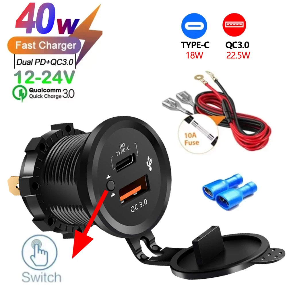 Black multi-port PD/QC car charger adapter with a switch and cables for fast charging devices