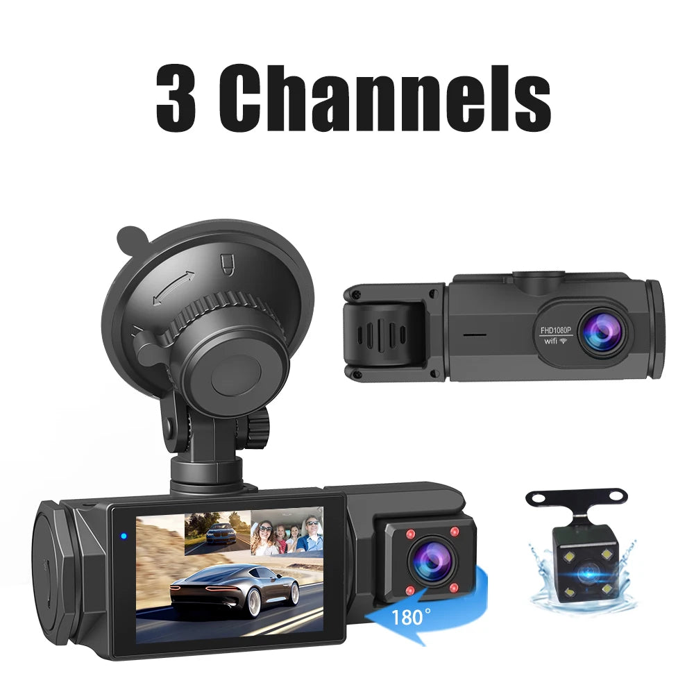 A black 3-channel dash cam device showing a front view, a rear view, and an interior view on a smartphone screen.