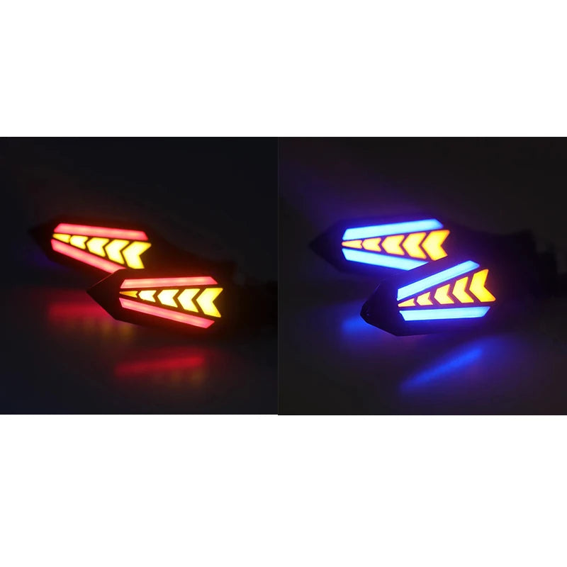 Zwei Ansichten des universellen Motorrad-LED-Blinker-Signals mit roten und blauen Lichtmustern.