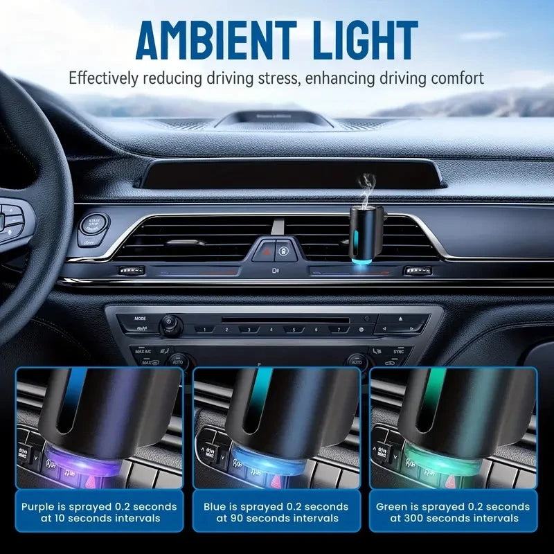 Close-up view of a portable car air freshener with purple, blue, and green light sprays.