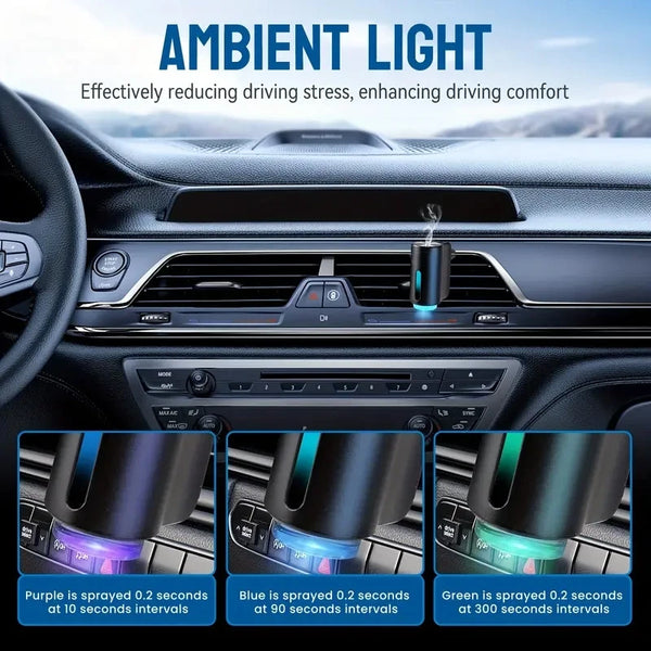 Close-up view of a portable car air freshener with purple, blue, and green light sprays.