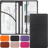 A black premium PU leather vehicle organizer with multiple compartments and a slim wallet style.