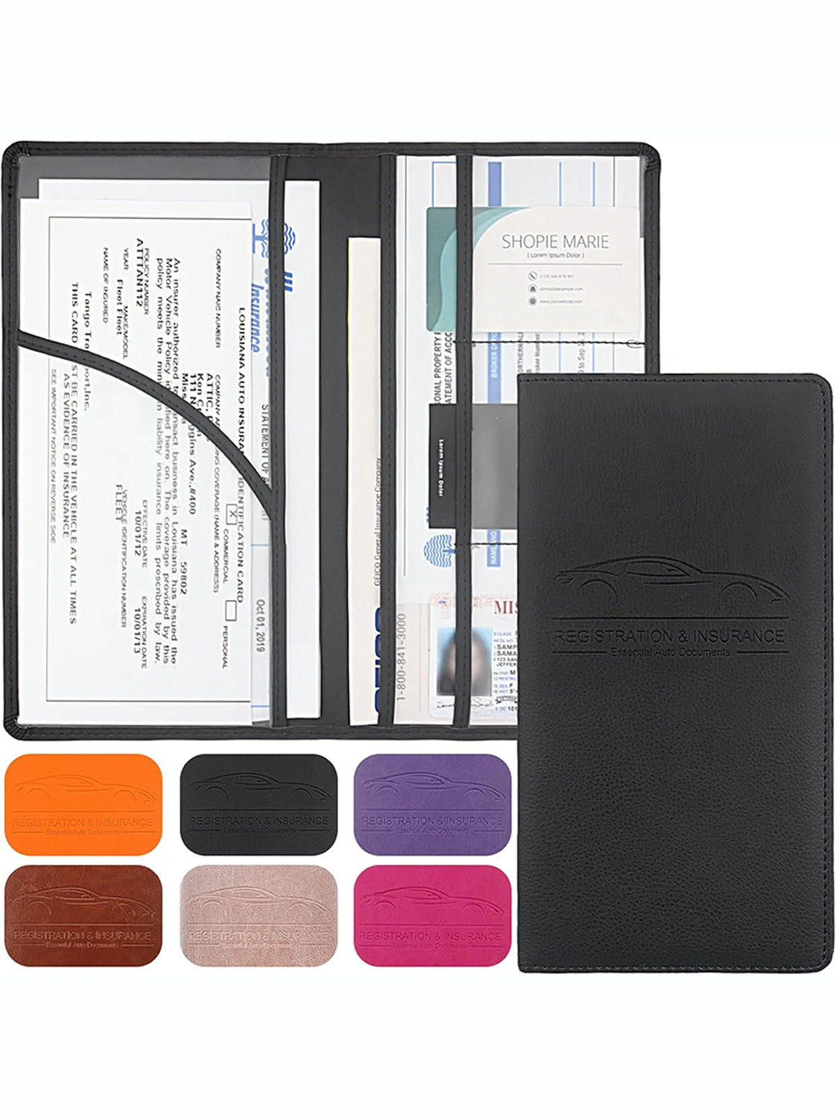 A black premium PU leather vehicle organizer with multiple compartments and a slim wallet style.