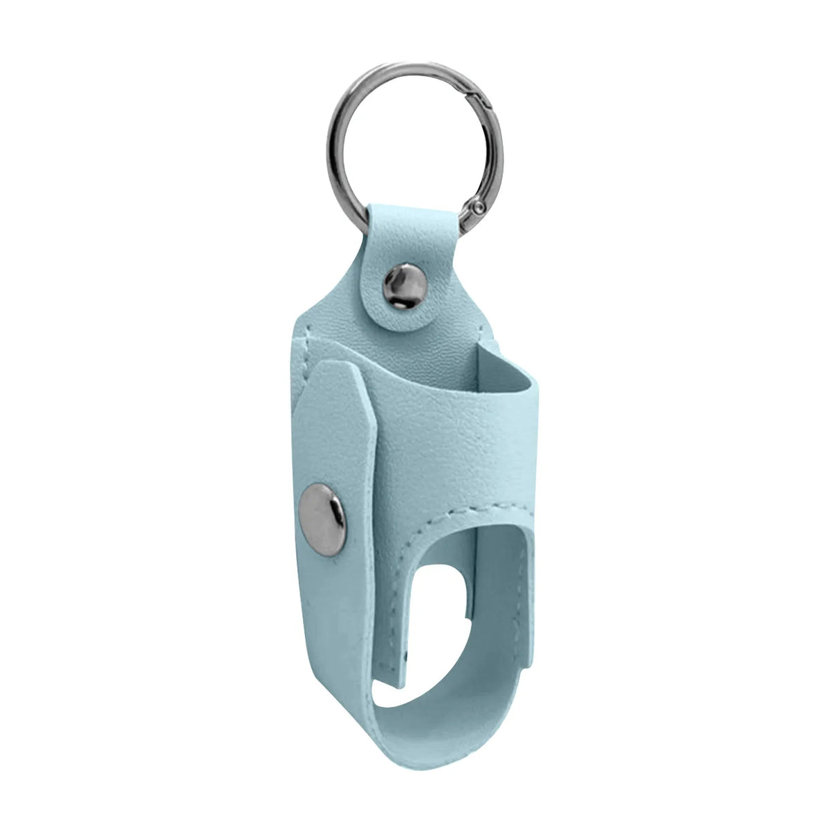 Light blue portable inhaler storage case with a silver keyring and leather strap.