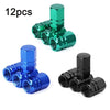 A set of 12 aluminum alloy tire valve caps in green, blue, and black finishes.