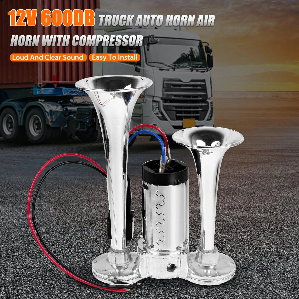 A set of silver air horn horns with compressors and wiring shown in front of a truck.