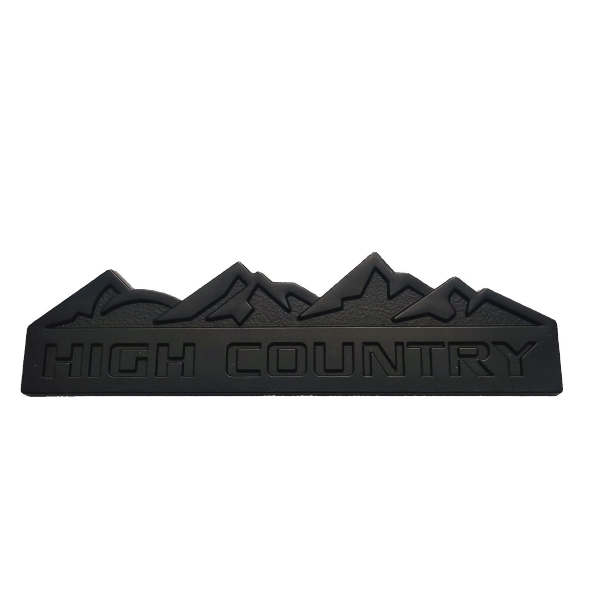 Black 3D zinc alloy decal featuring a mountain range silhouette and the text HIGH COUNTRY.