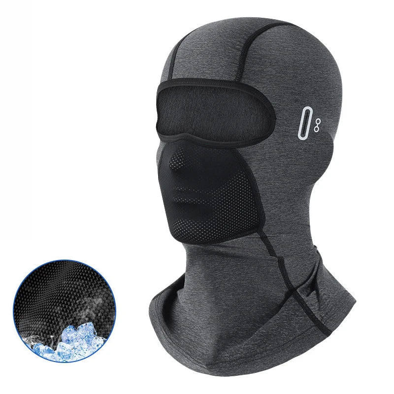 A gray multi-functional balaclava with a face mask and UV protection features shown on a mannequin head.