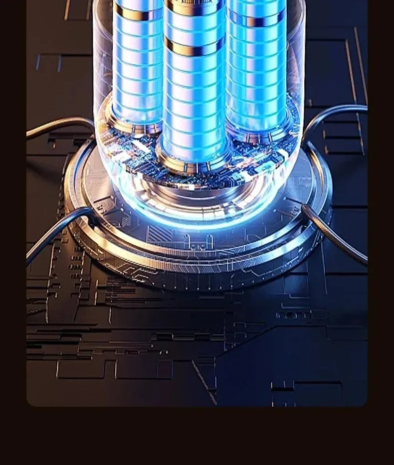 A close-up view of a powerful 5-in-1 portable wireless car vacuum with glowing blue components.