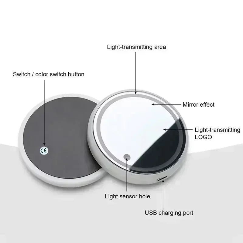 A round, silver-rimmed LED car cup holder coaster with a mirror effect and light-transmitting logo.