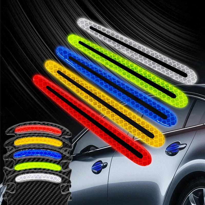 Eight colored reflective strips protecting a car door handle, set against a dark background.