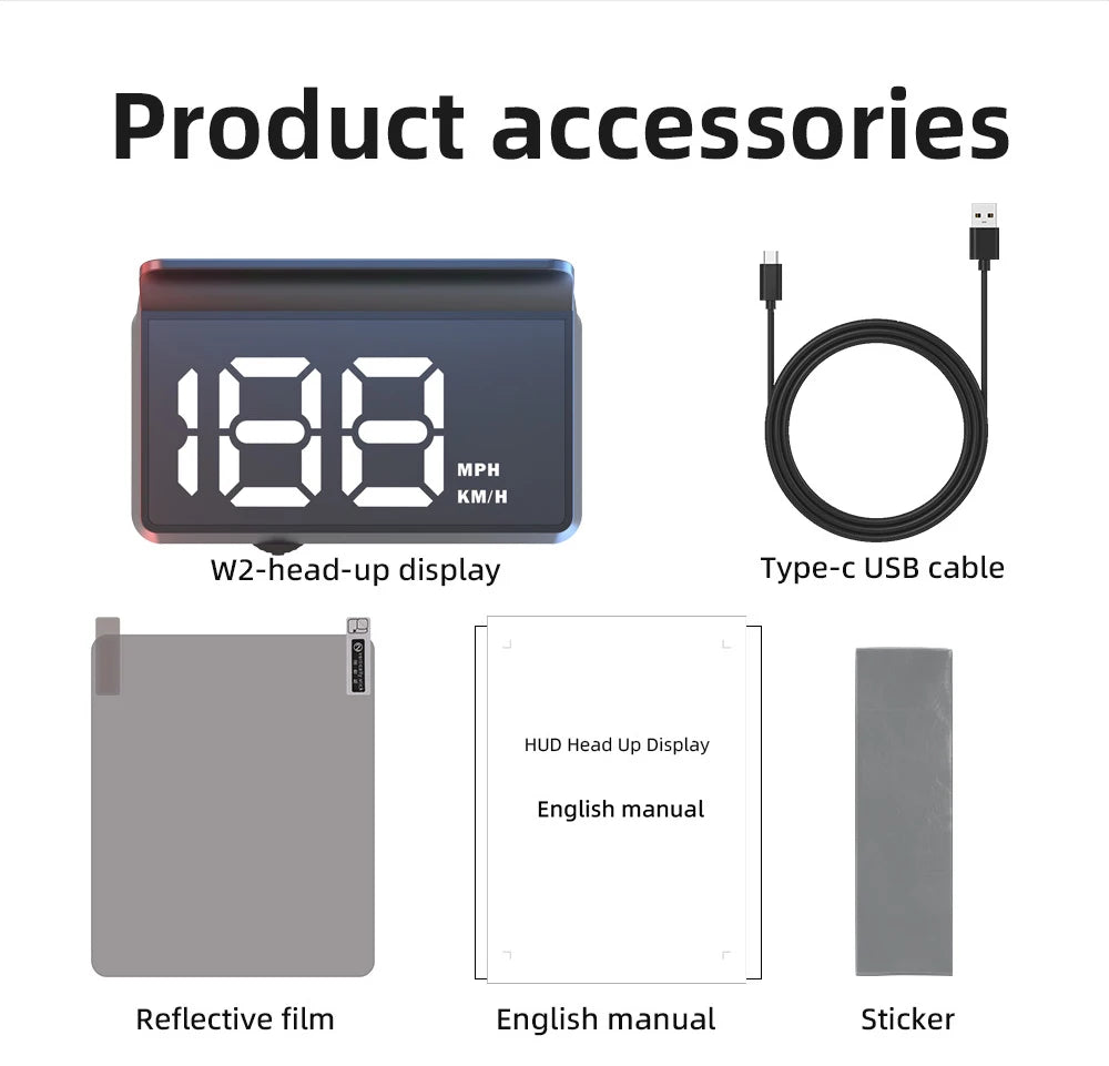 Product accessories including a W2 head-up display, Type-c USB cable, reflective film, English manual, and a sticker.
