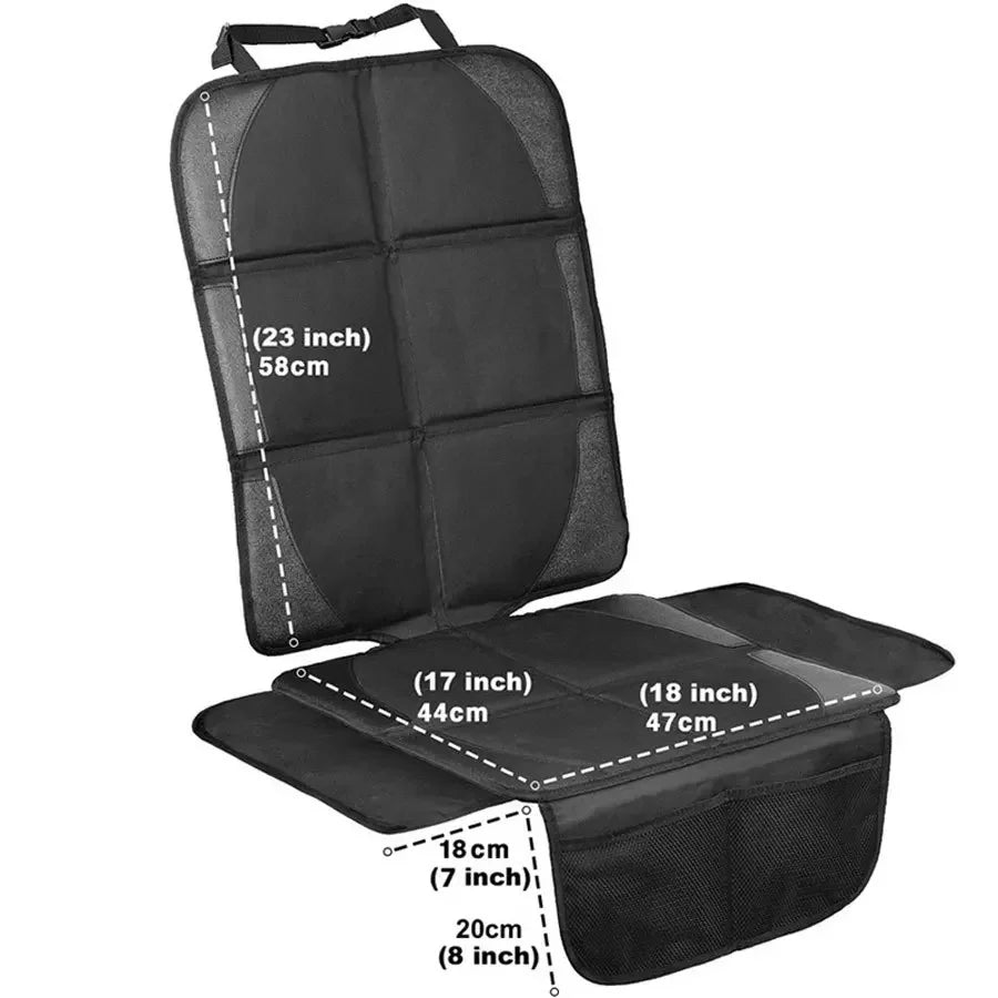 Black car seat protector pad with various sized inserts and dimensions shown.