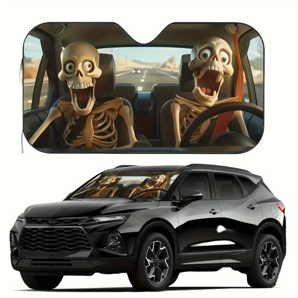 A black SUV with a foldable windshield sun shade installed, showing the interior view.