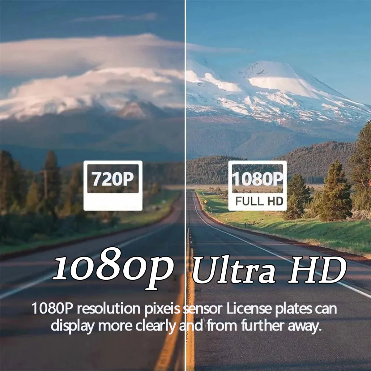 Comparison of 720P and 1080P Ultra HD camera resolution on a road.
