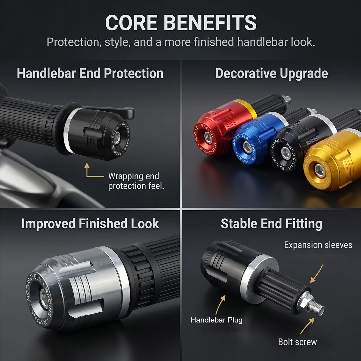 Close-up view of universal motorcycle handlebar end plugs showing protection, decorative upgrades, and improved finished look