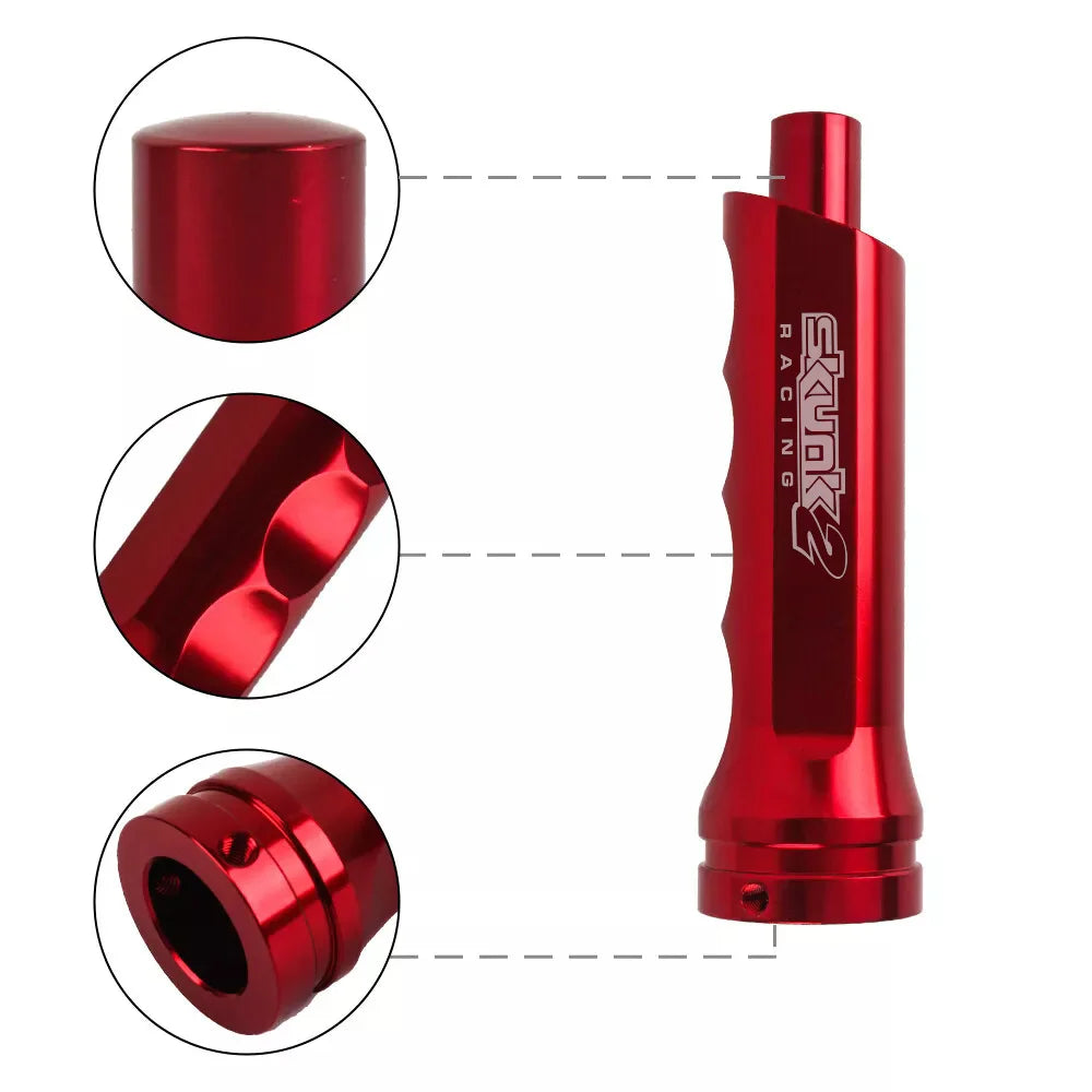 Red aluminum handbrake cover for manual transmission showing various angles and components