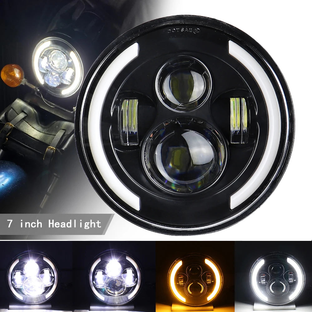 A close-up view of a 7 inch motorcycle LED headlight assembly with multiple light elements.