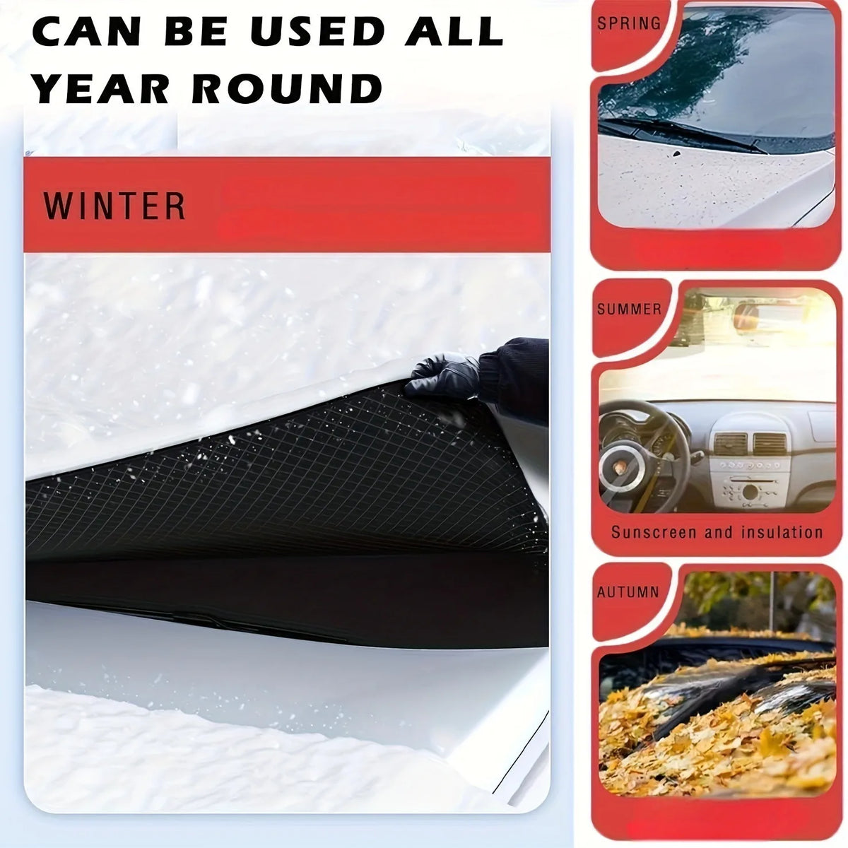 A black magnetic anti-frost windshield sunshade is shown in winter and summer contexts.