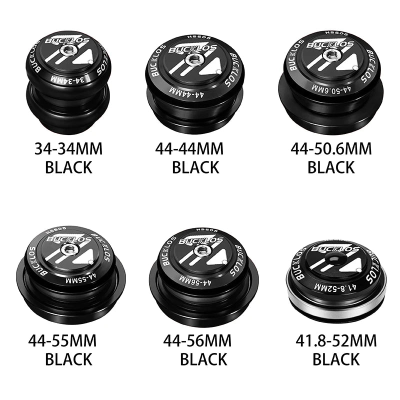 A set of black precision bike headsets with various thread sizes including 34-34mm, 44-44mm, 44-50.6mm, 44-55mm, 44-56mm, and