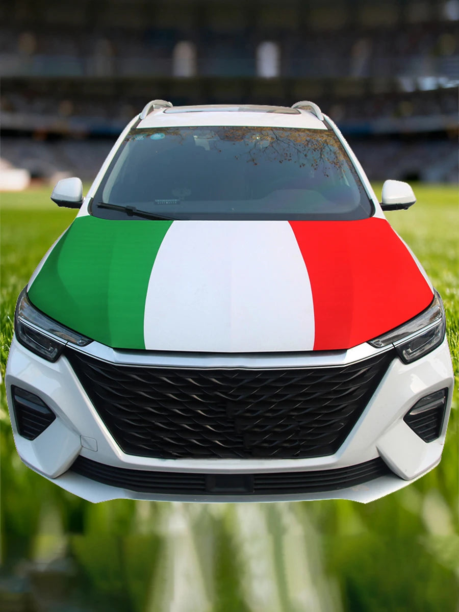 A white car hood decorated with the Italian flag colors green, white, and red.