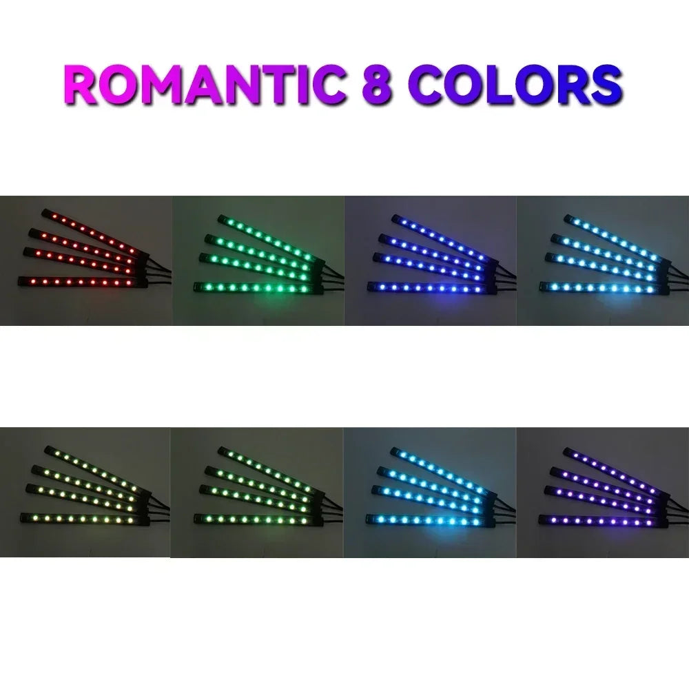 Eight different colored RGB LED strip lights displayed in various angles and lighting conditions.