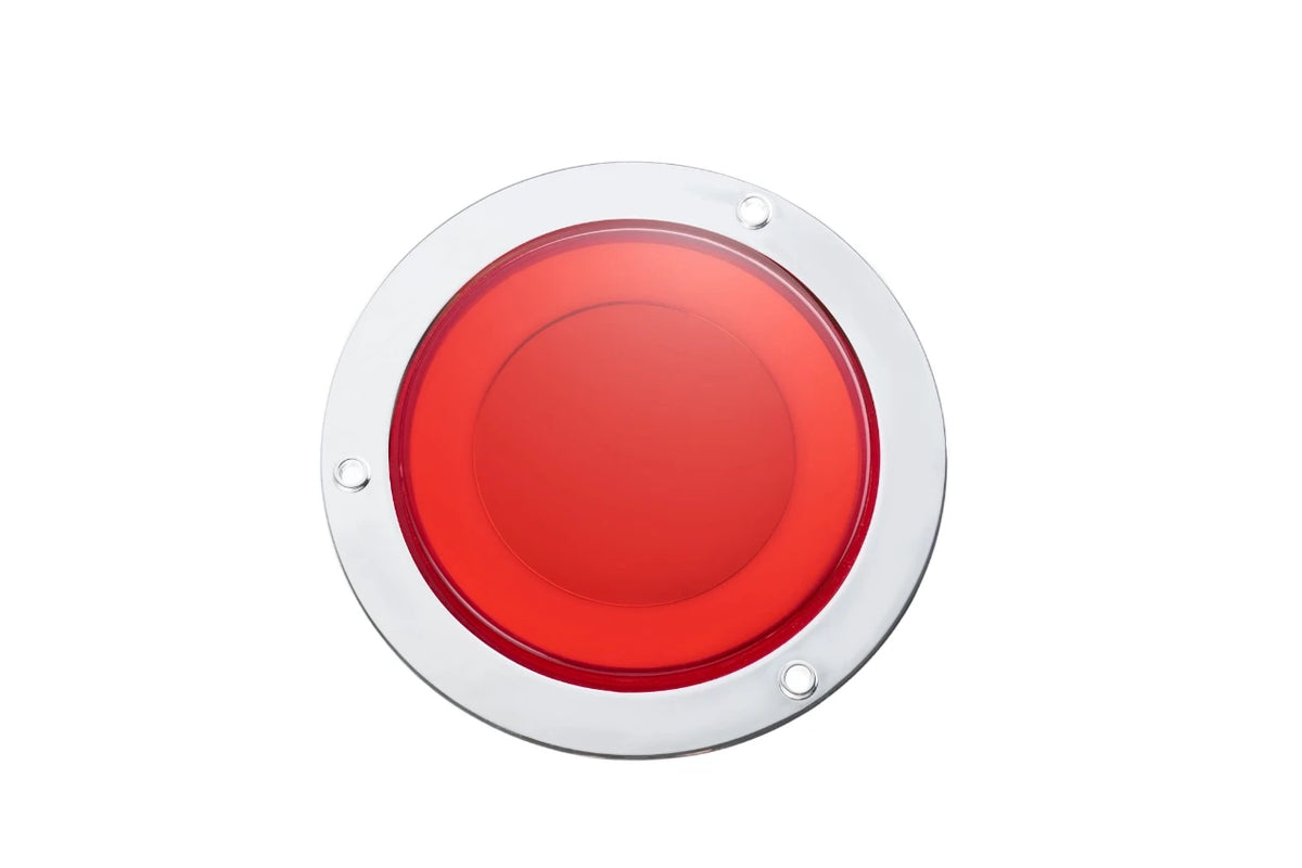 A round red LED truck tail light with a 3D halo effect mounted on a silver base.