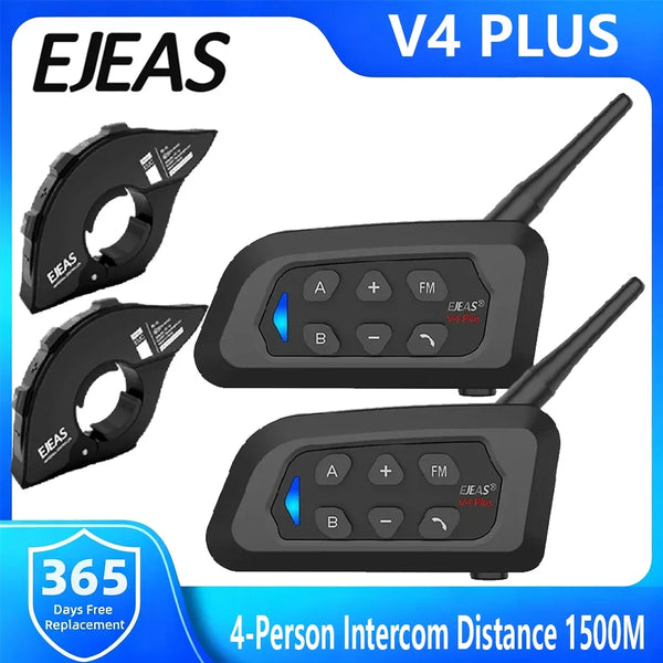 EJEAS V4 Plus intercom system featuring three helmet adapters and a main unit for motorcycle use