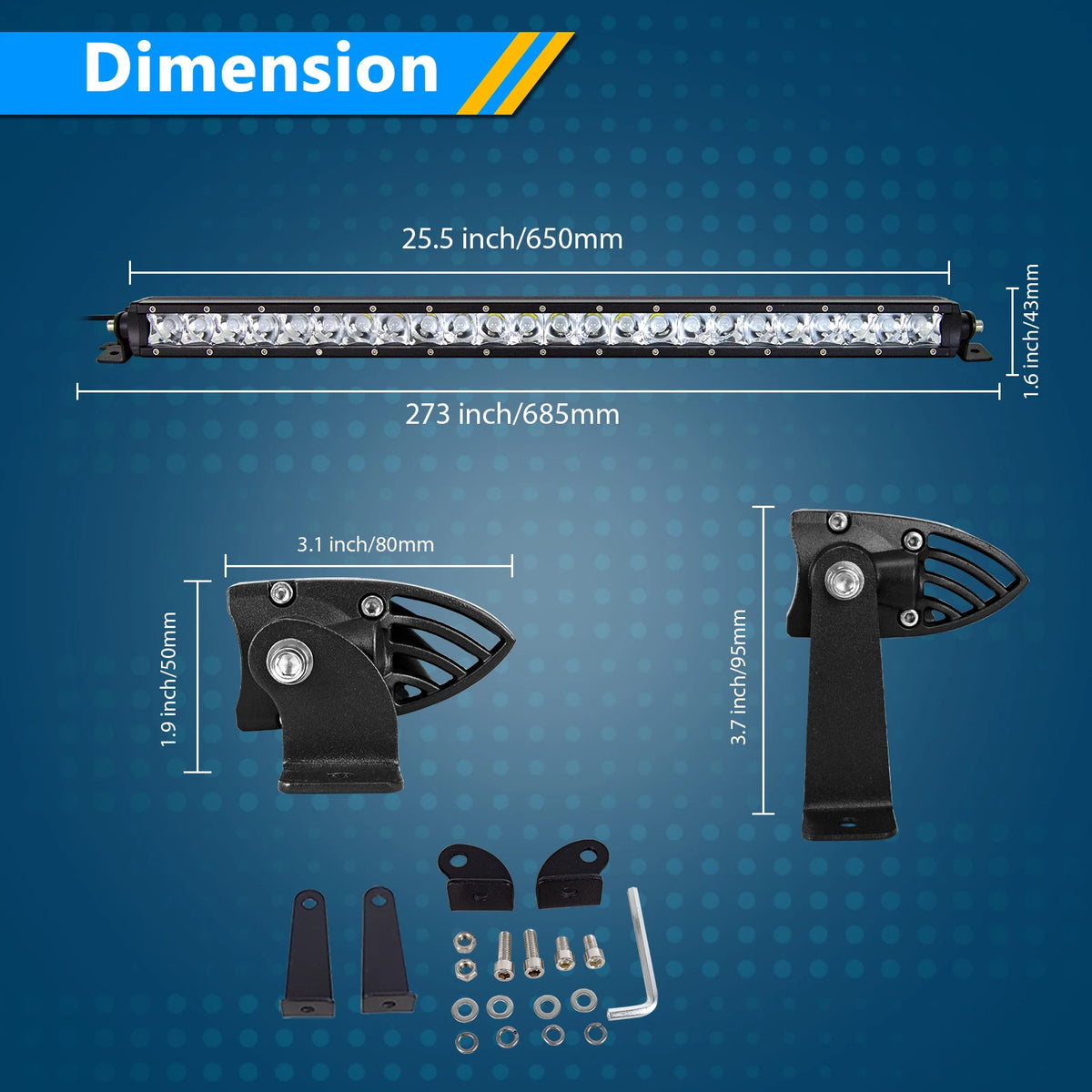 A high-powered LED light bar with mounting brackets and accessories shown for off-road vehicles.