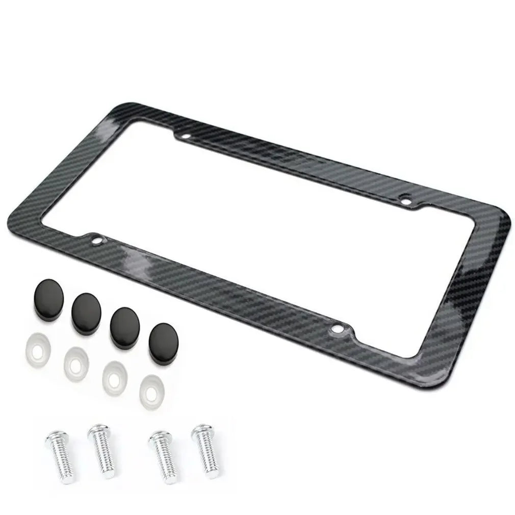 Black carbon pattern universal license plate frame with mounting screws