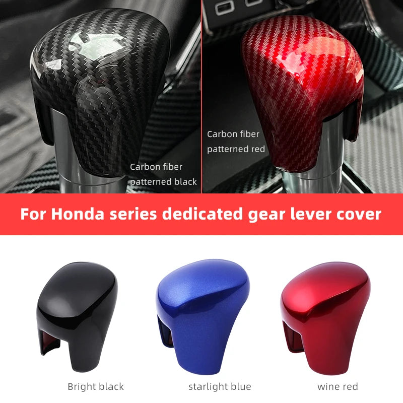 Set of three ABS interior knob gear protection covers in bright black, starlight blue, and wine red for Honda vehicles