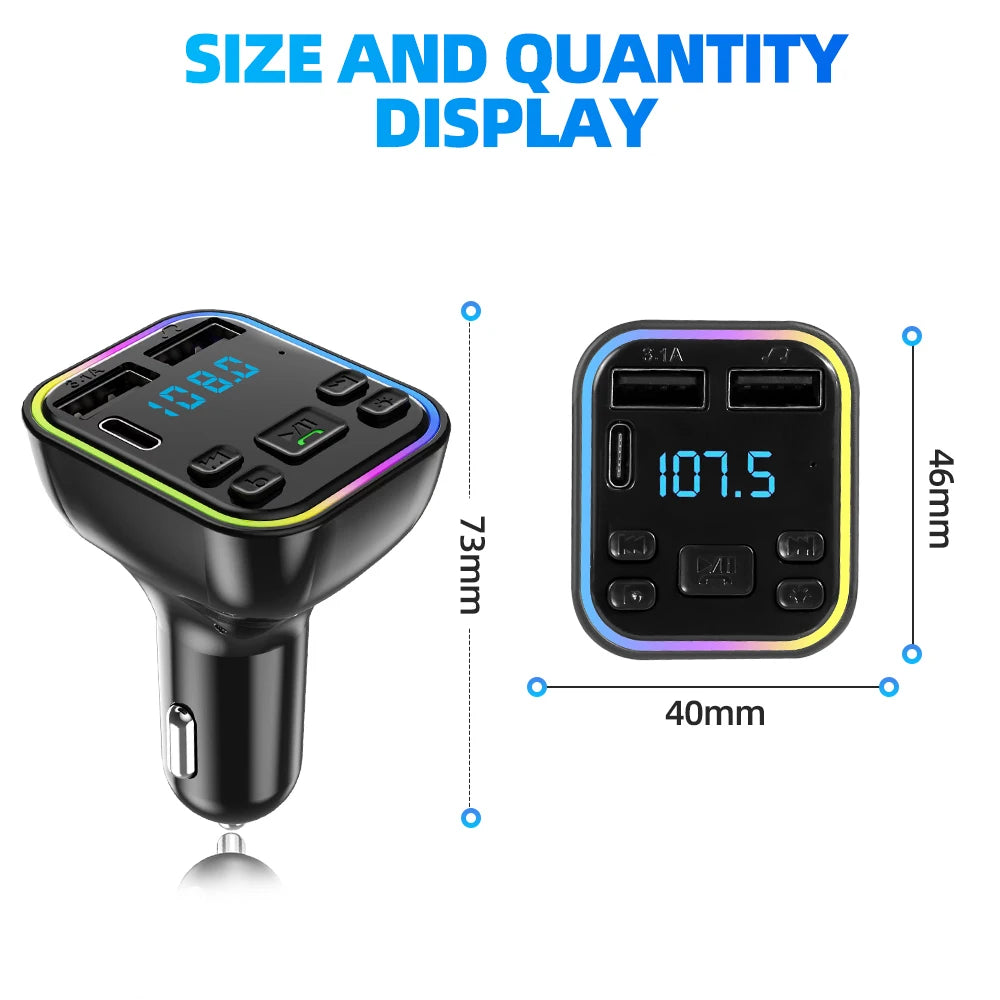 Display of a black Bluetooth 5.0 car audio transmitter with size and quantity information.